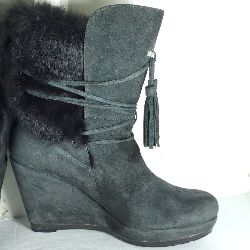 Luciano Barachini Women's EU38 US7-7,5 Gray Suede Faux Fur Lace Up Wedge Boots - Picture 5 of 16